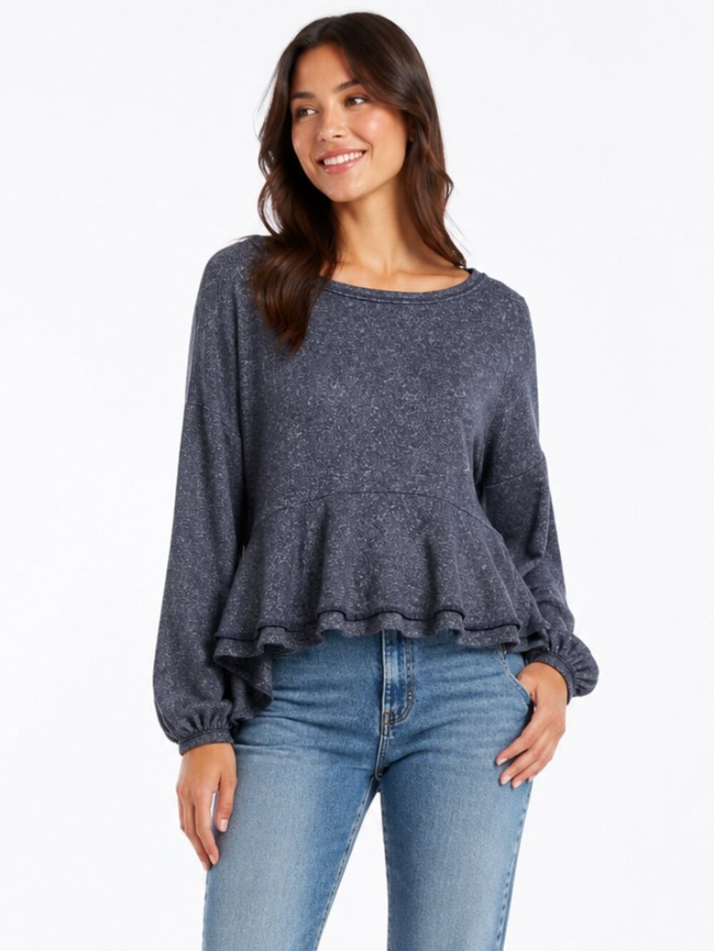Altar’d State Navy Marled Ruffle Peplum Long Sleeve Top Medium